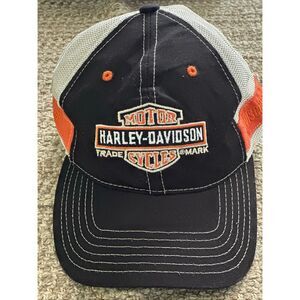 Harley Davidson Motorcycle Black Biker Hat Dad Cap Black Orange Adjustable Wisco